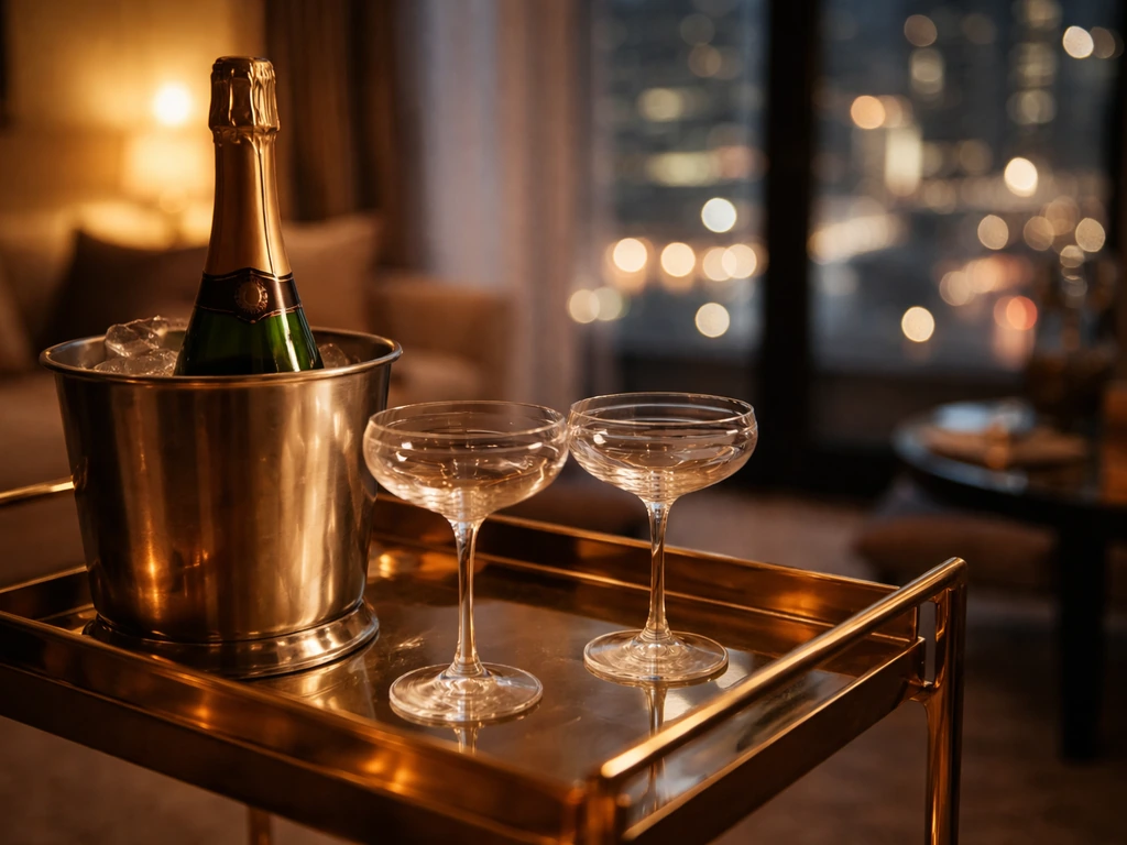 Close-up of a luxury bar cart with champagne glasses in an upscale hotel suite, no people visible.