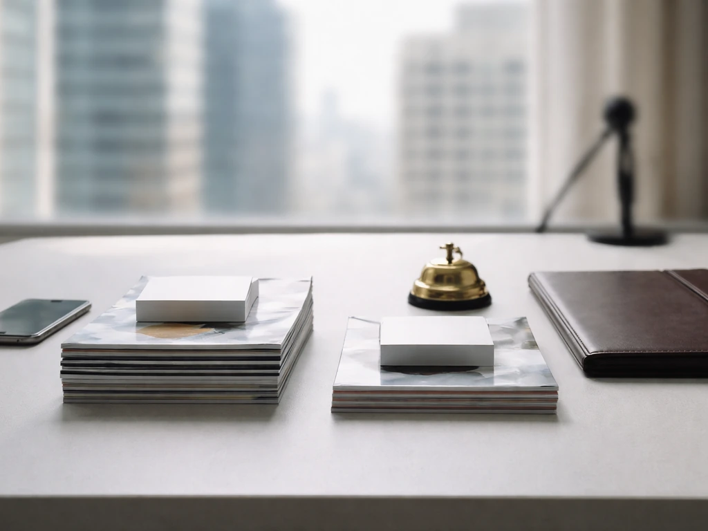 Minimal desk with business cards, magazines, and a portfolio symbolizing cast net worth comparison