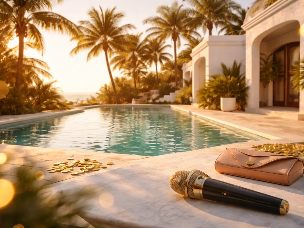 Luxury villa exterior at golden hour with subtle money and media symbolism in a minimal, stylish scene.