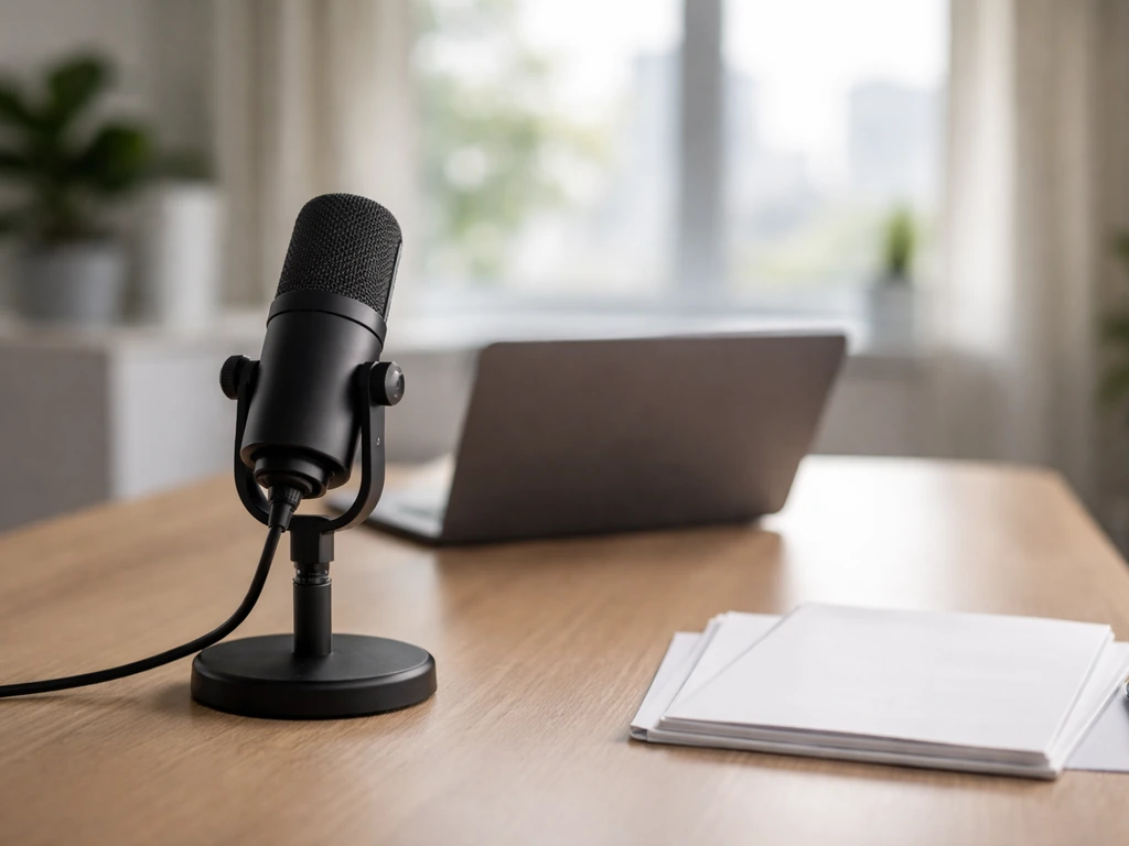 Minimal desk scene with a microphone and a laptop, suggesting media analysis and money estimates