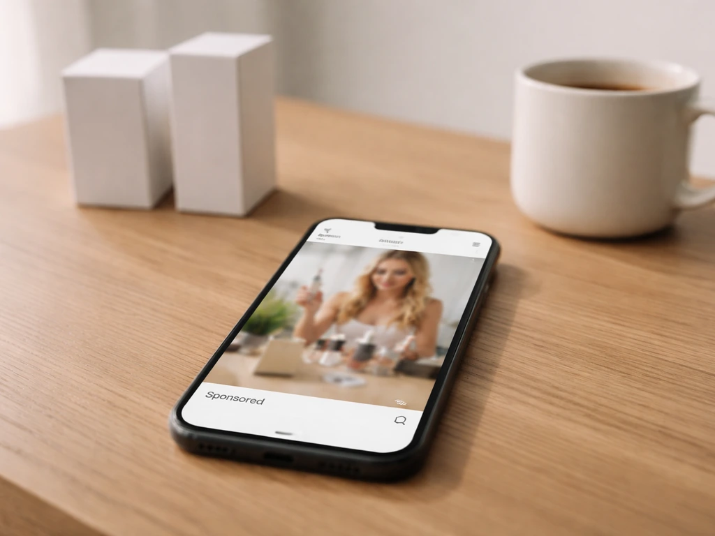 Smartphone displaying an Instagram-style sponsored post, with a coffee mug and small product boxes on a desk