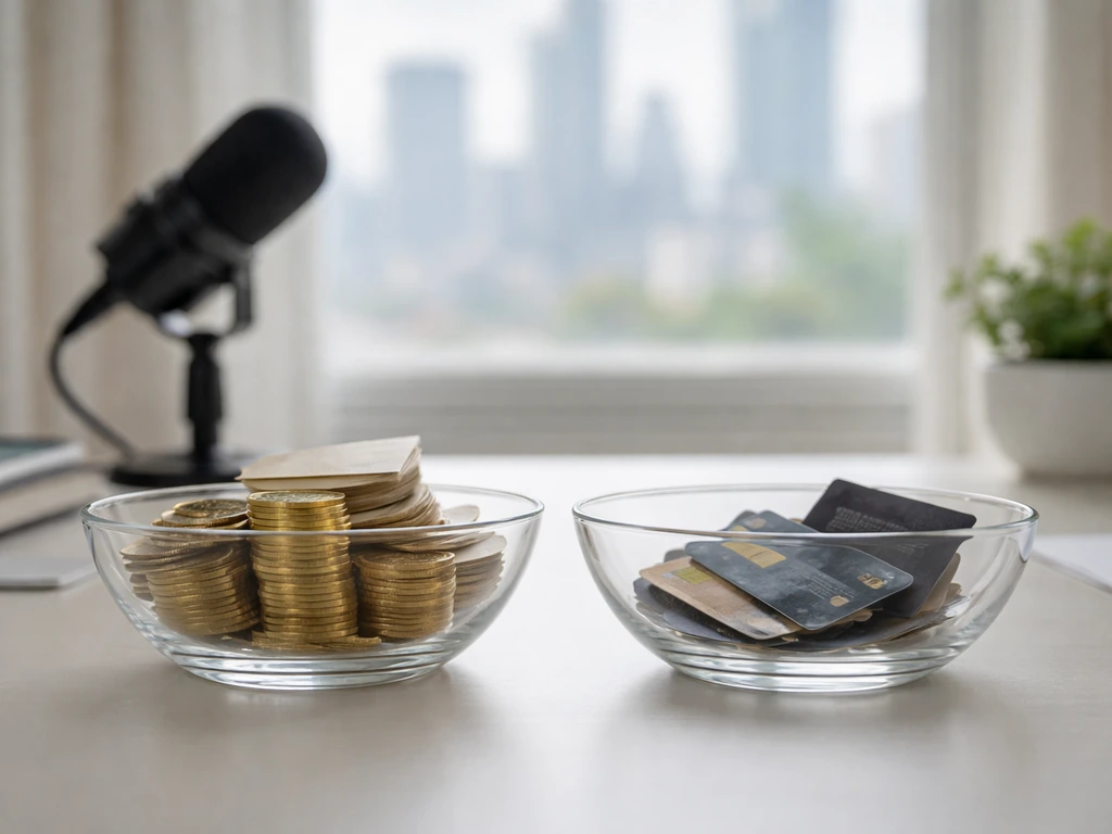 Minimal desk scene with coins and papers beside credit cards, visually balancing assets vs liabilities.