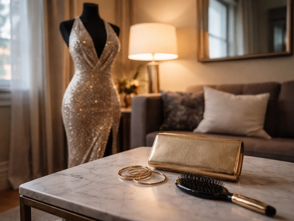 Glamorous fashion props in a simple room, evoking a long-running reality TV era without showing any person.