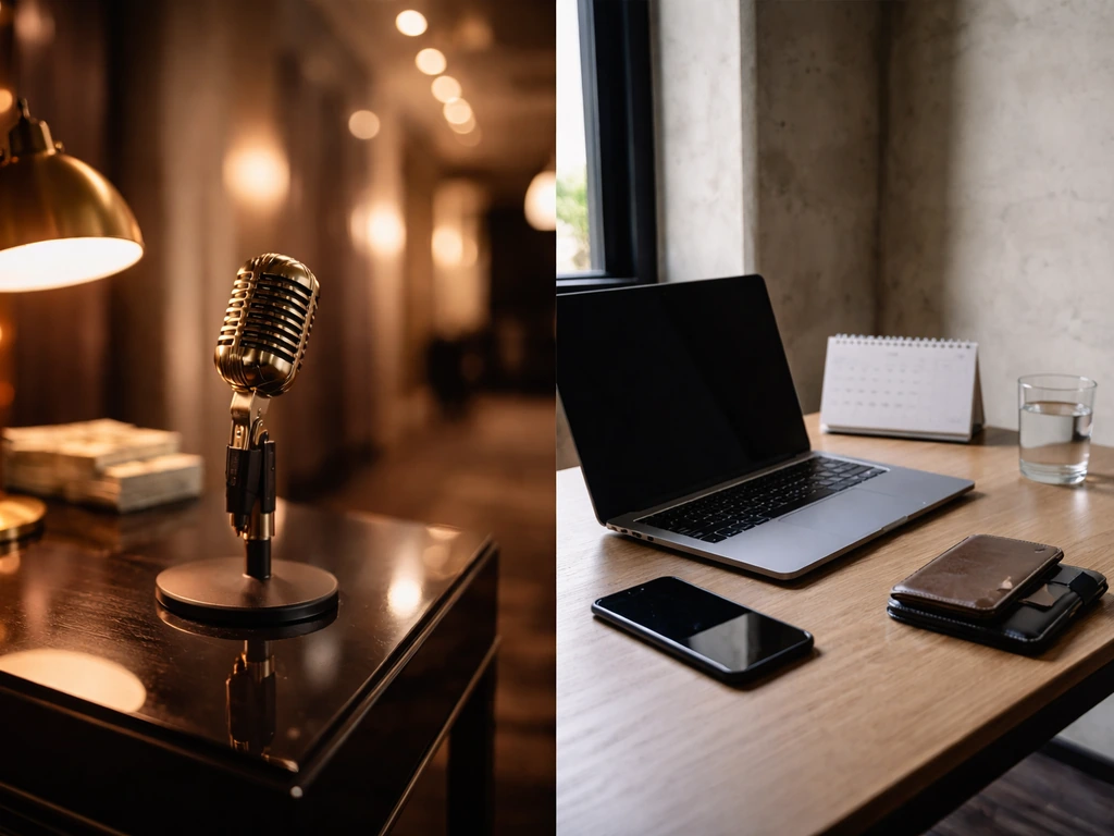 Minimal split-screen: Hollywood media glam vs modern office desk with subtle wealth cues, no people, no text.