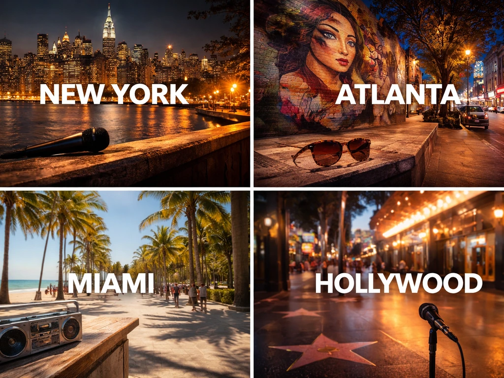 Minimal poster-style collage showing four Love & Hip Hop franchise-themed scenes labeled by city.