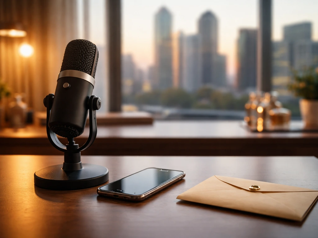 Minimal close-up of a luxury office desk with a smartphone, cash envelope, and studio microphone, symbolizing celebrity