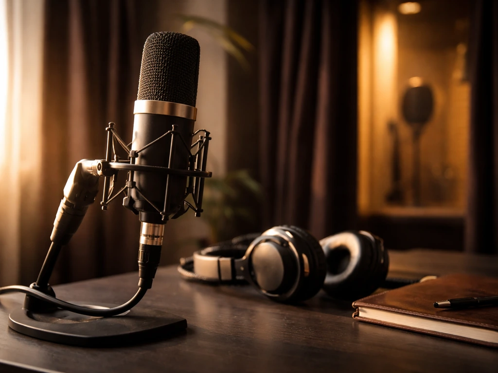 Music studio scene with microphone and headphones, evoking a singer/actor’s wealth-driven career.