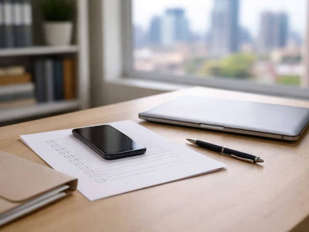 Minimal desk scene with a checklist sheet, pen, phone, and laptop suggesting public-record verification