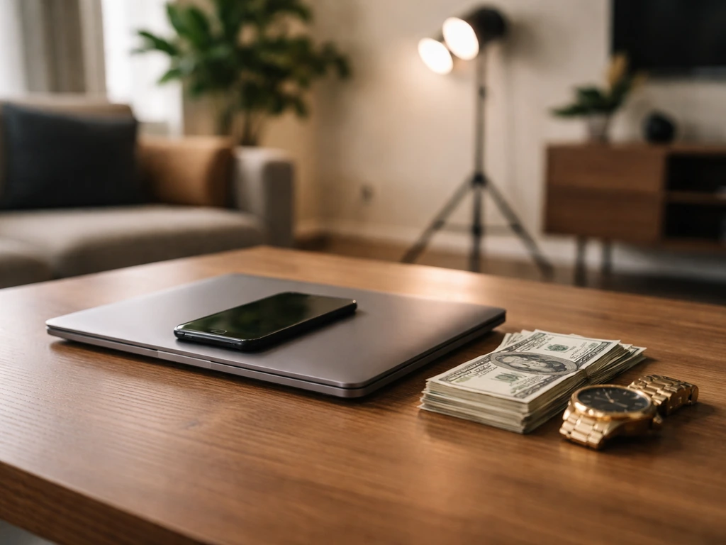 Minimal office scene with a smartphone and cash-themed props suggesting entertainment-backed finances