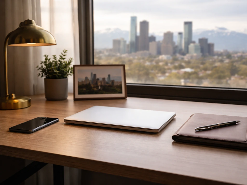 Minimal corporate desk scene with window light and Denver skyline photo in the background.