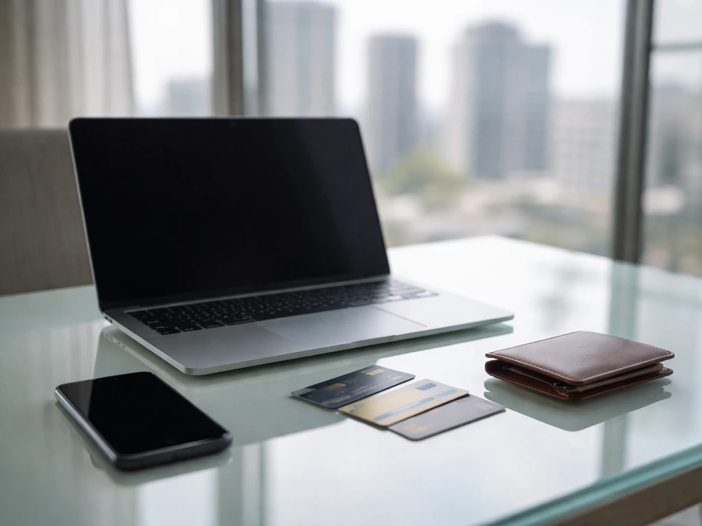 Minimal office desk with wallet, bank cards, laptop, and phone suggesting income sources