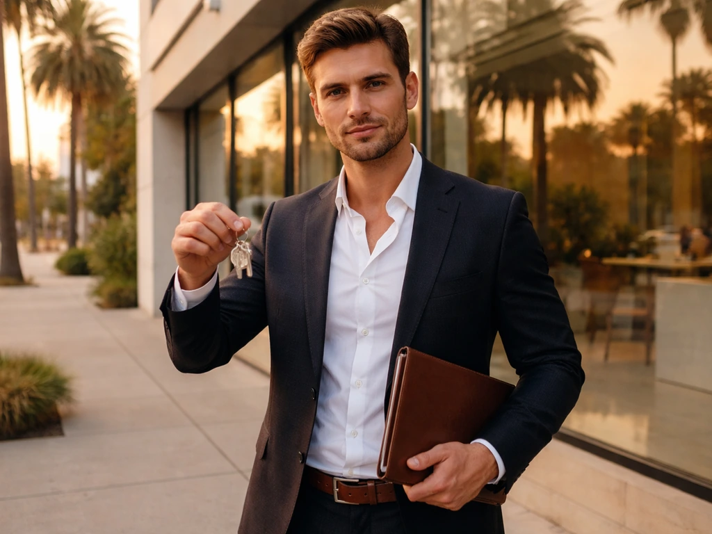 A man holding real estate keys outside a luxury office, suggesting a Beverly Hills broker role.