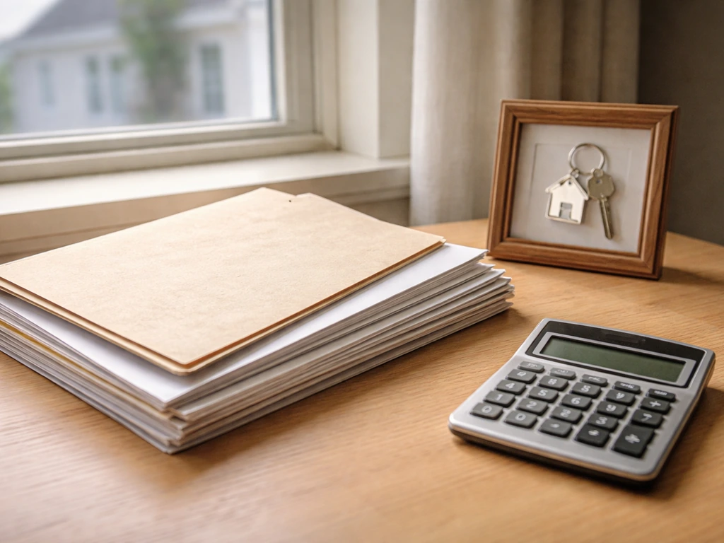 Home office desk with property documents, house keys, and calculator suggesting assets minus liabilities.