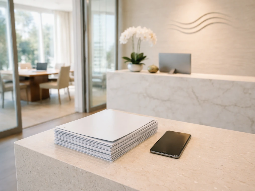 Minimal luxury real estate brokerage office with glossy brochures and reception desk in natural light.