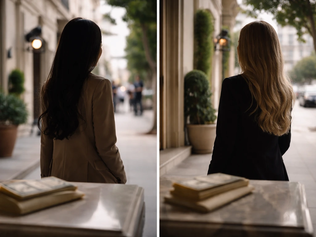 Minimal split-scene showing two anonymous women’s silhouettes in a Beverly Hills–style setting with money symbolism
