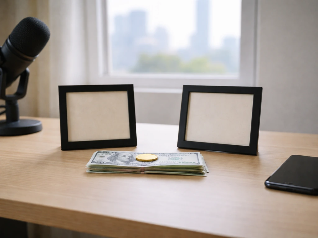 Minimal photo of a media-themed desk with scattered cash and a split-set of empty frames suggesting comparison