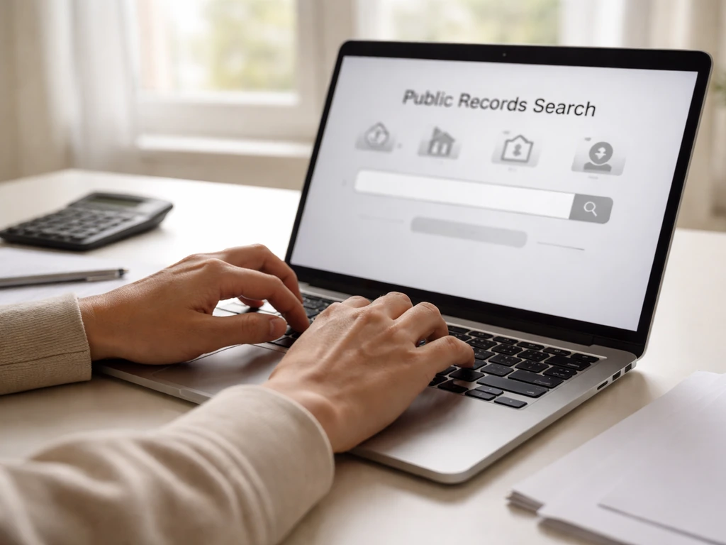 Closeup of hands typing on a laptop showing a generic public records website, with papers and a pen nearby.
