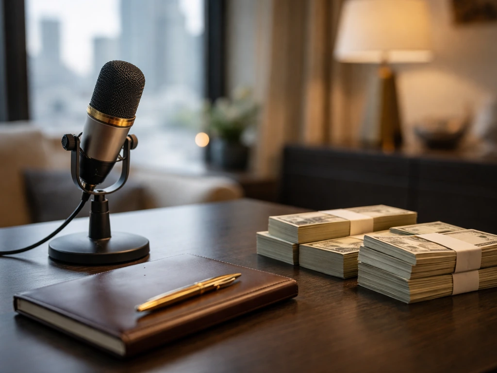 Luxury media-style office desk with a microphone and cash-adjacent props for a Real Housewives net worth topic