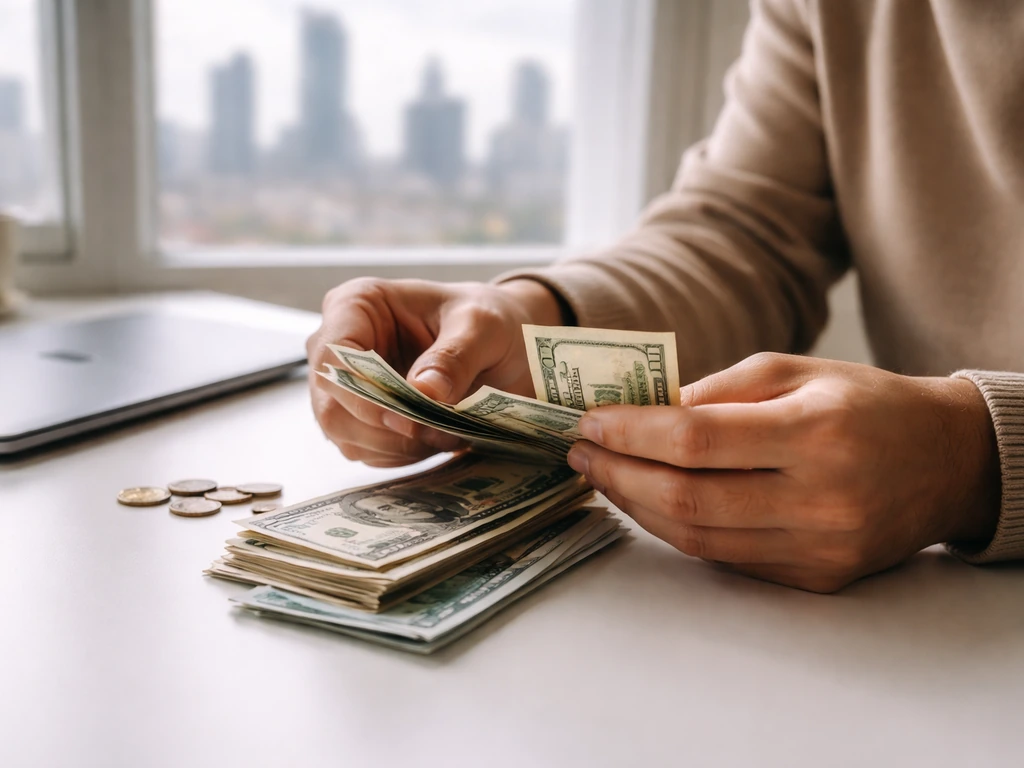 Hands counting cash on a desk beside a laptop with a blurred city view through a window.