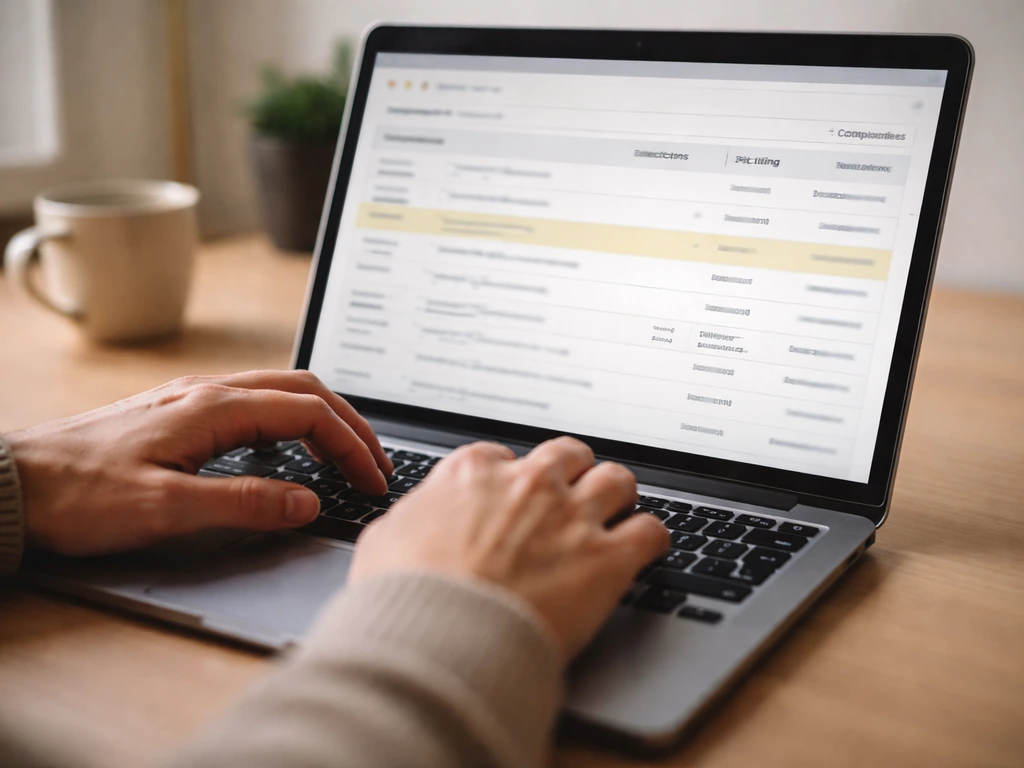 Hands typing on a laptop showing generic Companies House search results layout with highlighted row.