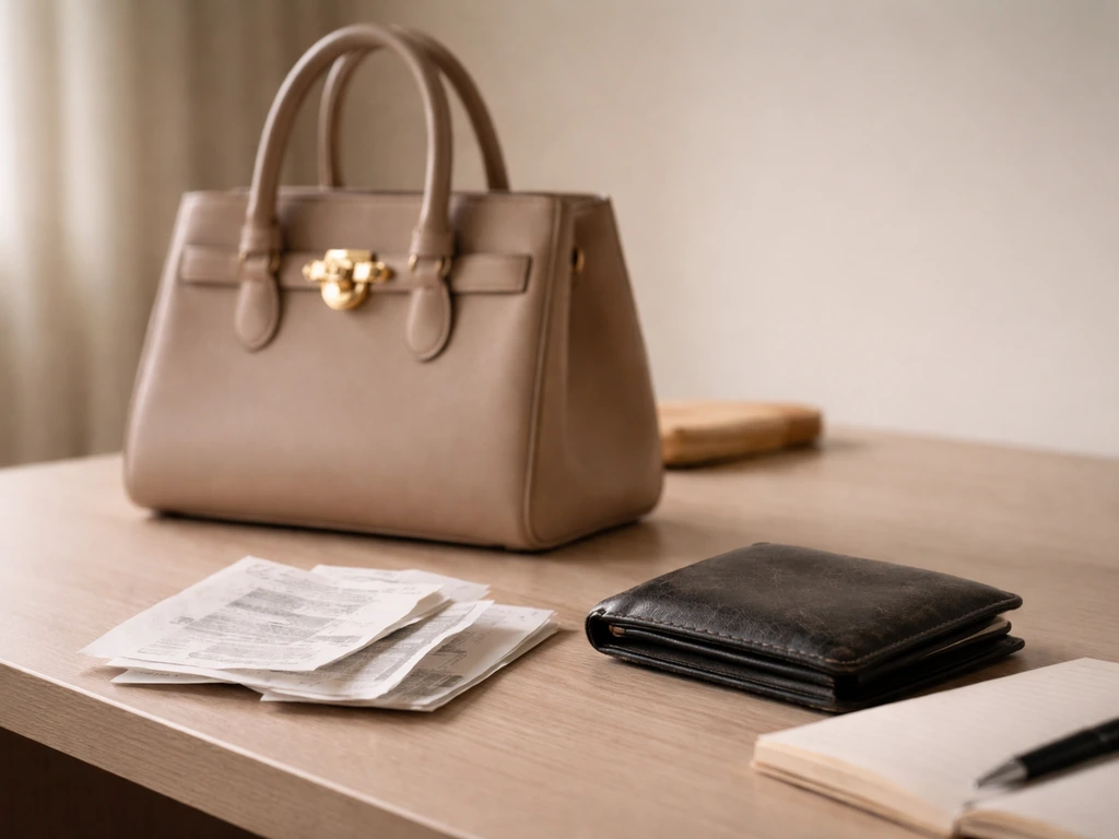 Minimal photo showing luxury handbag beside plain wallet and scattered receipts, symbolizing wealth vs net worth