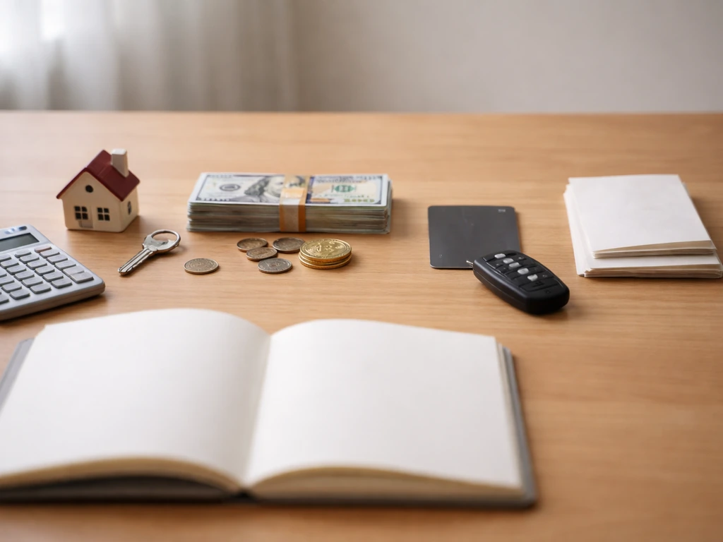 Minimal desk scene with scattered financial items and a notebook showing balance between assets and debts.