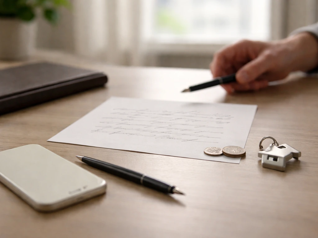 Minimal home office desk with pen and symbols of money/property, suggesting estimates change over time