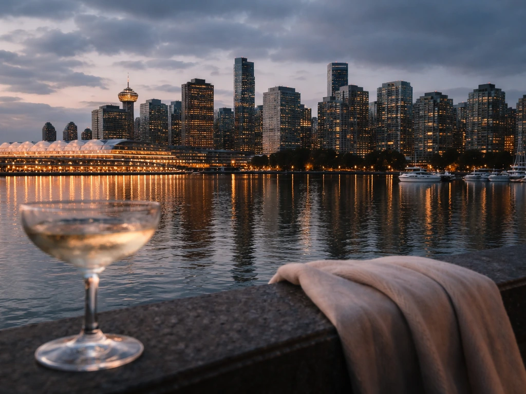 Luxury Vancouver harbor skyline at dusk with a sparkling champagne glass and soft gold accents, money-estimate vibe