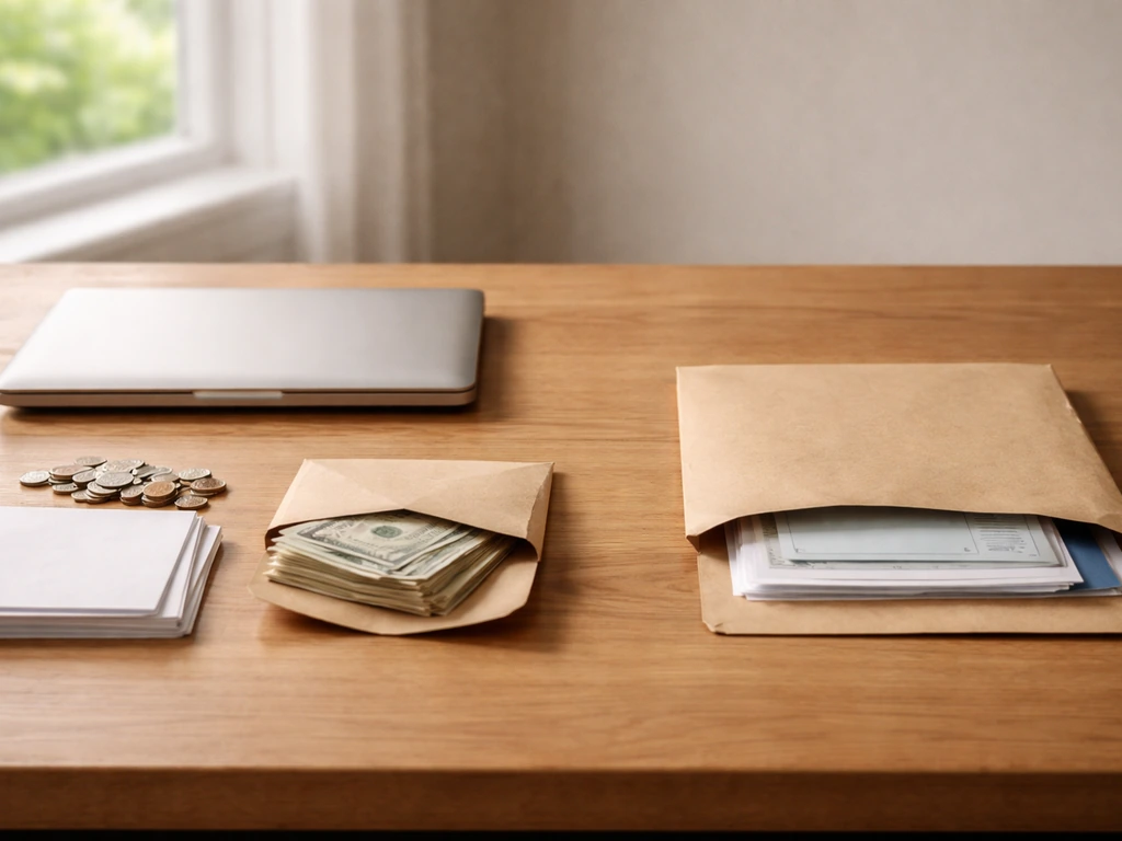 Coins and cash on one side of a desk, loan-like papers in an envelope on the other, symbolizing assets vs liabilities