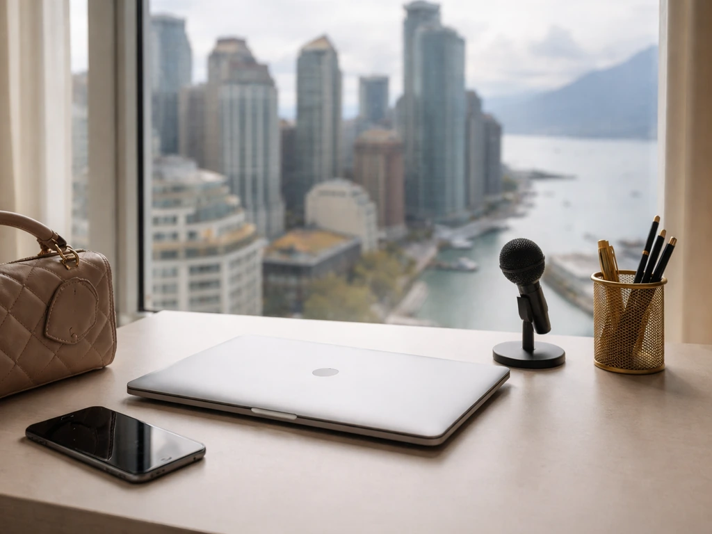 Minimal luxury desk scene with a small microphone and city skyline window, symbolizing media wealth.