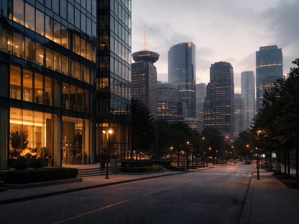 Vancouver skyline at dusk with a modern glass office building and subtle luxury lifestyle vibe