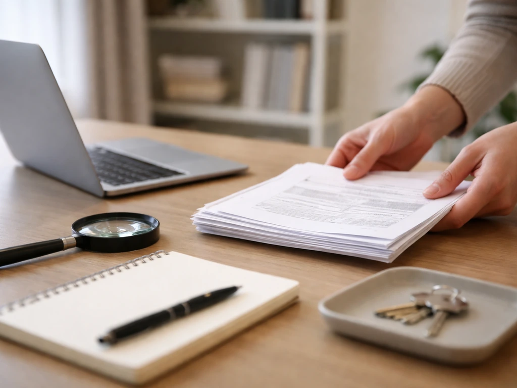 Minimal photo of hands reviewing documents near a laptop, suggesting verifying financial claims with public records.
