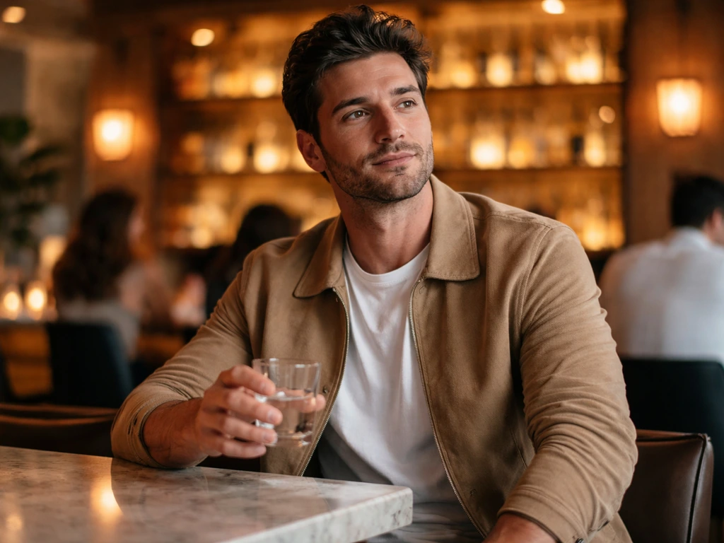 Anonymous man in upscale lounge holding a lowball glass, warm lighting with a softly blurred bottle shelf.
