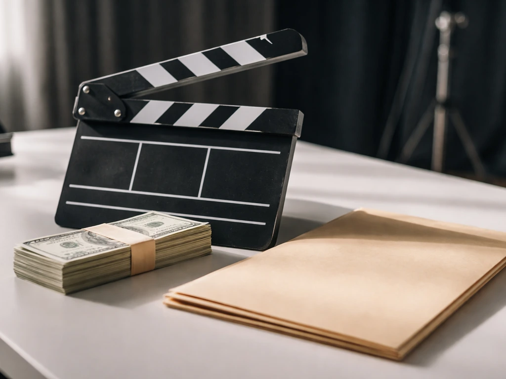 Minimal photo of a TV clapboard beside neatly stacked cash and a single contract folder on an office desk