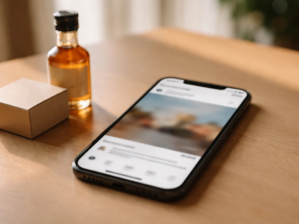 Close-up of a smartphone showing a sponsored-style post, with small alcohol bottle and branded box props nearby.