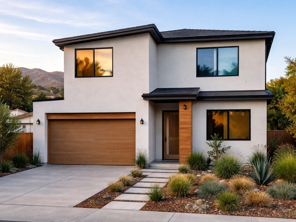 Sunlit exterior of a Los Angeles-area home with a subtle two-step light cue suggesting time passing.