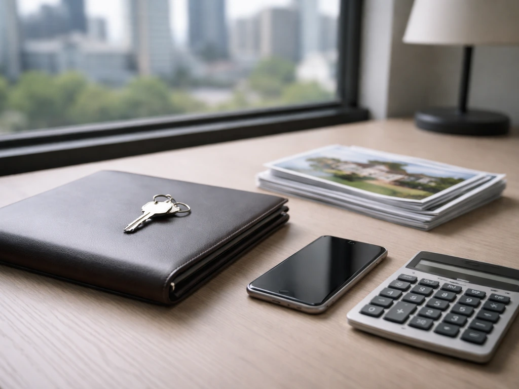 Anonymous office desk with property brochures, portfolio, calculator, and house key suggesting net-worth components