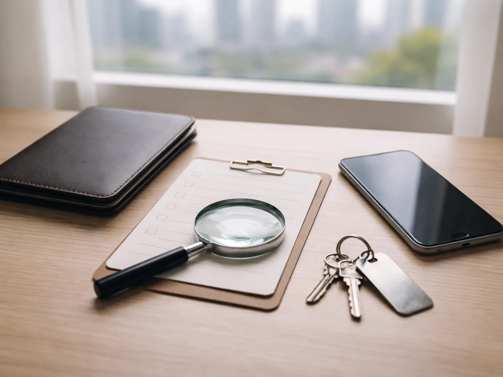 Magnifying glass and checklist card on a desk with keys and a dark smartphone, suggesting verifying claims.