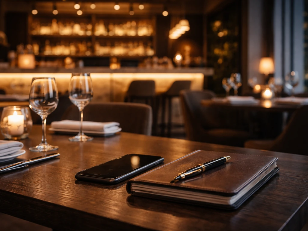Minimal luxury restaurant scene with pen and notebook, symbolizing business planning and wealth.