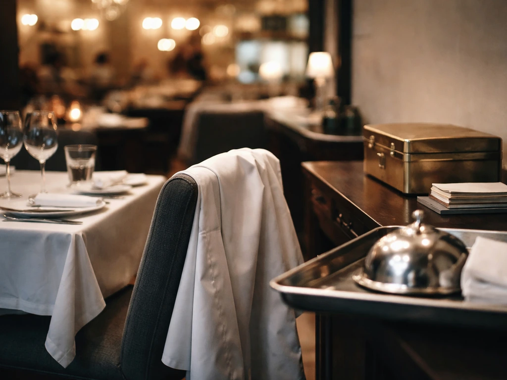 Upscale restaurant back-of-house with polished brass cash box and service tray, warm blurred dining-room light.