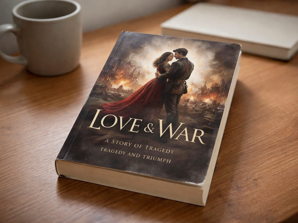 A realistic book mock on a wooden desk with a dramatic cover, shot in natural side light.