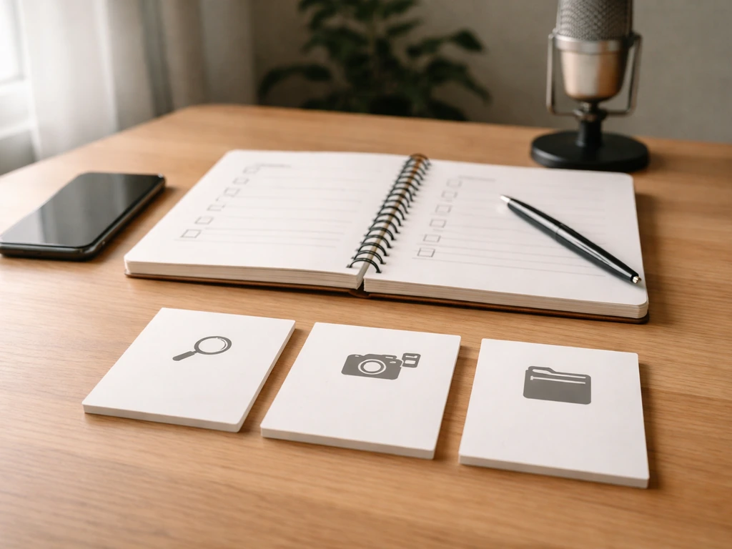 Minimal desk scene with an open notebook and checklist icons beside media and document items.