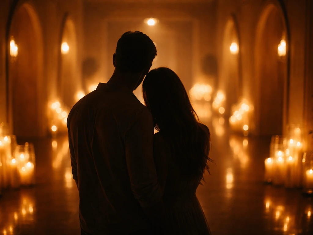 Warm candlelit hallway with two anonymous silhouettes, romantic dating-show atmosphere, cinematic minimal scene.