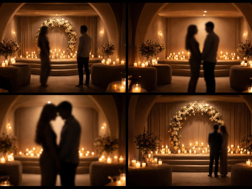 Candlelit altar and pod-like interiors in a blurred panel collage with anonymous romantic silhouettes.