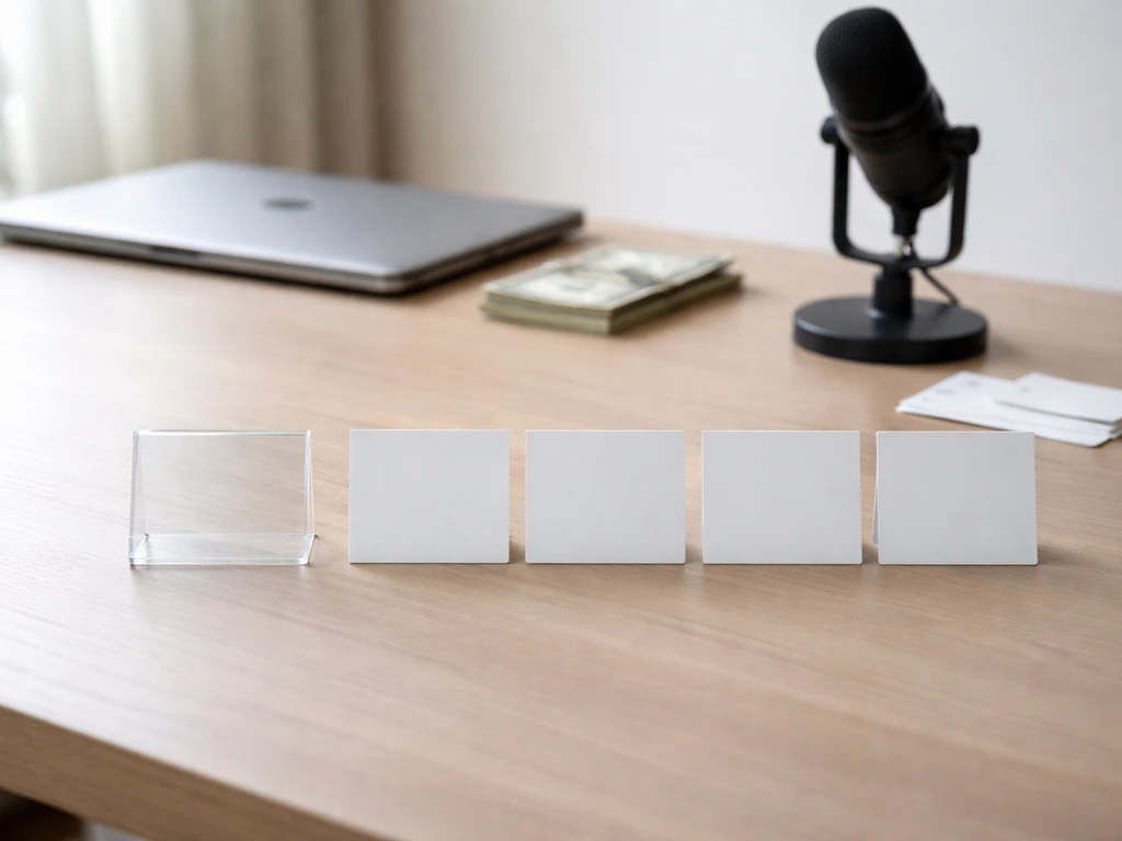 Minimal office desk with scattered cash-like props and a closed laptop, suggesting media net worth estimates.