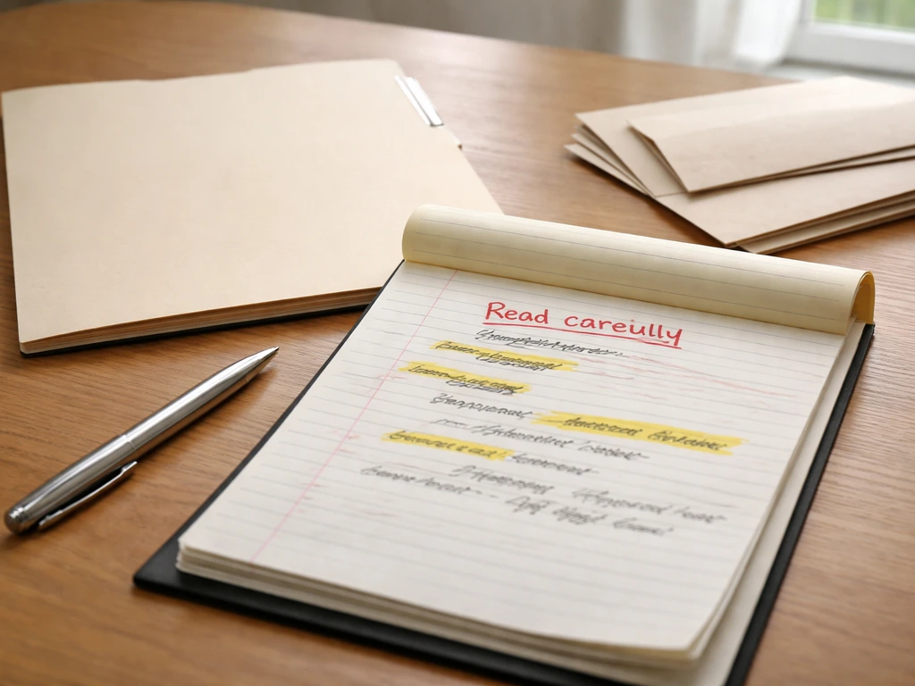 Close-up of an open legal notebook and folder with highlighted terms and a red caution stamp.