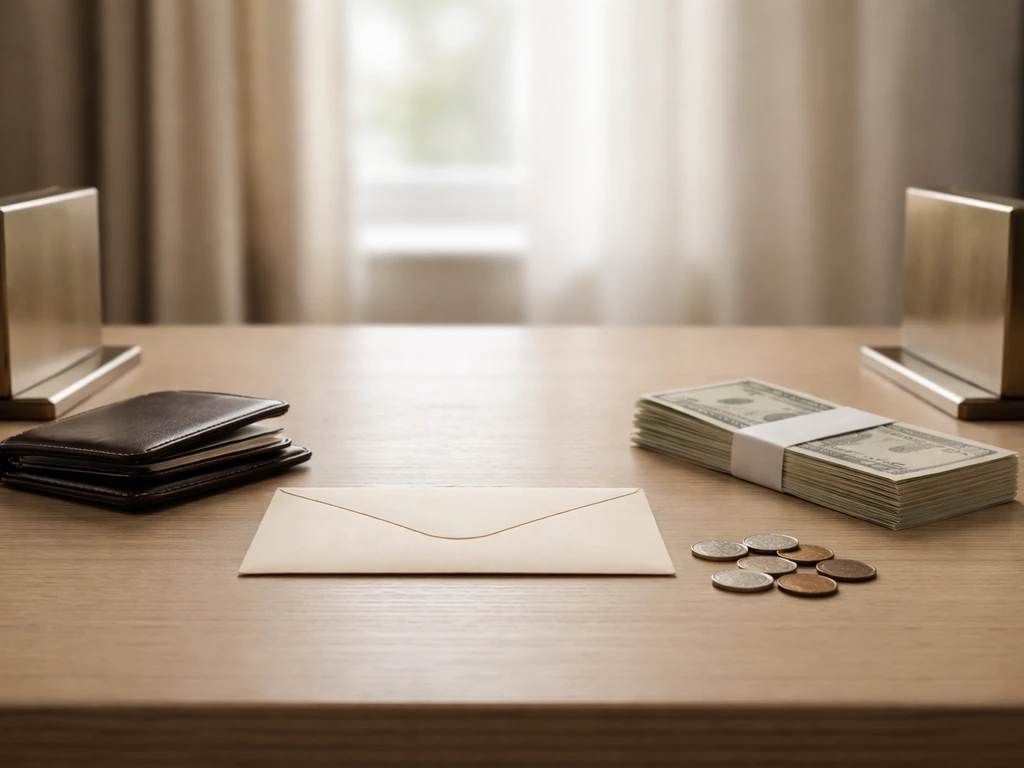 Minimal luxury desk scene with a small envelope and scattered coins suggesting a net worth range.