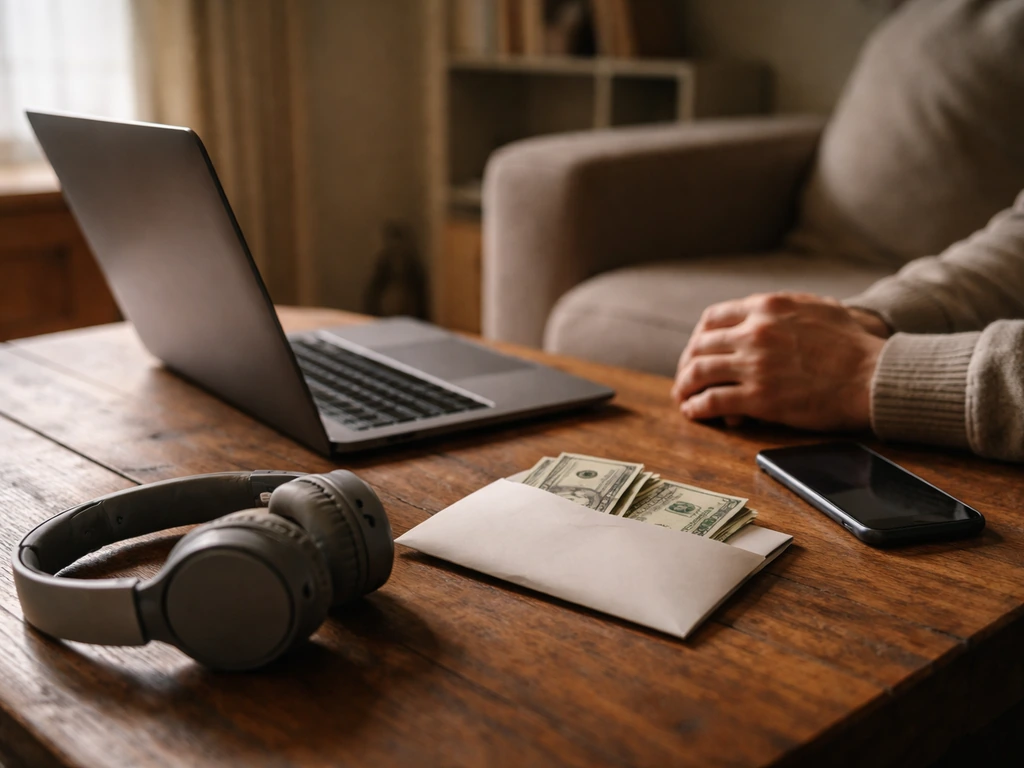 Warm home-office scene with a laptop, smartphone, and cash envelope symbolizing online fame and estimated net worth