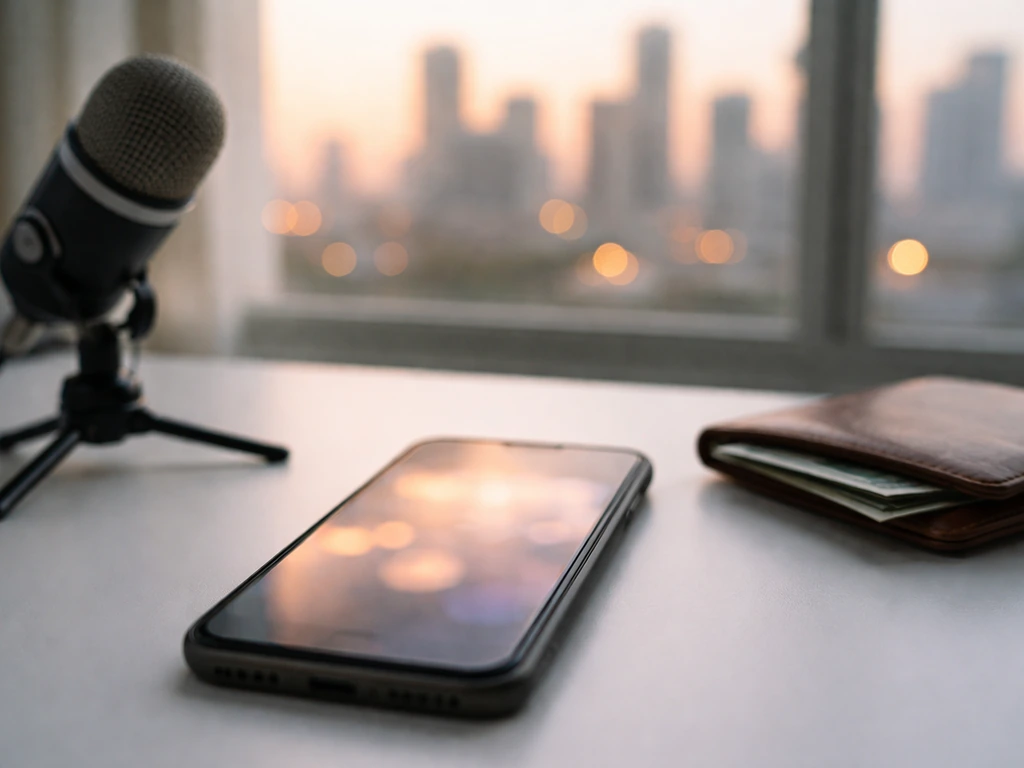 Smartphone on a desk beside a microphone and wallet with blurred skyline background, symbolic of net worth modeling