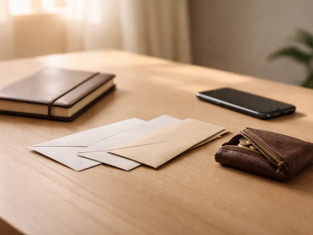 Minimal desk scene with envelopes, notebook, coins, and a phone—symbolizing net-worth range analysis.